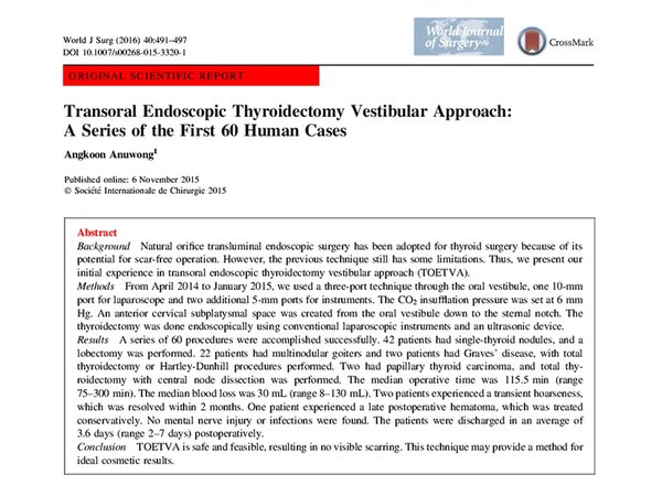 งานวิจัย TOETVA 60 รายแรกของโลก โดย Angkoon Anuwong ตีพิมพ์ใน World Journal of Surgery ปี 2016